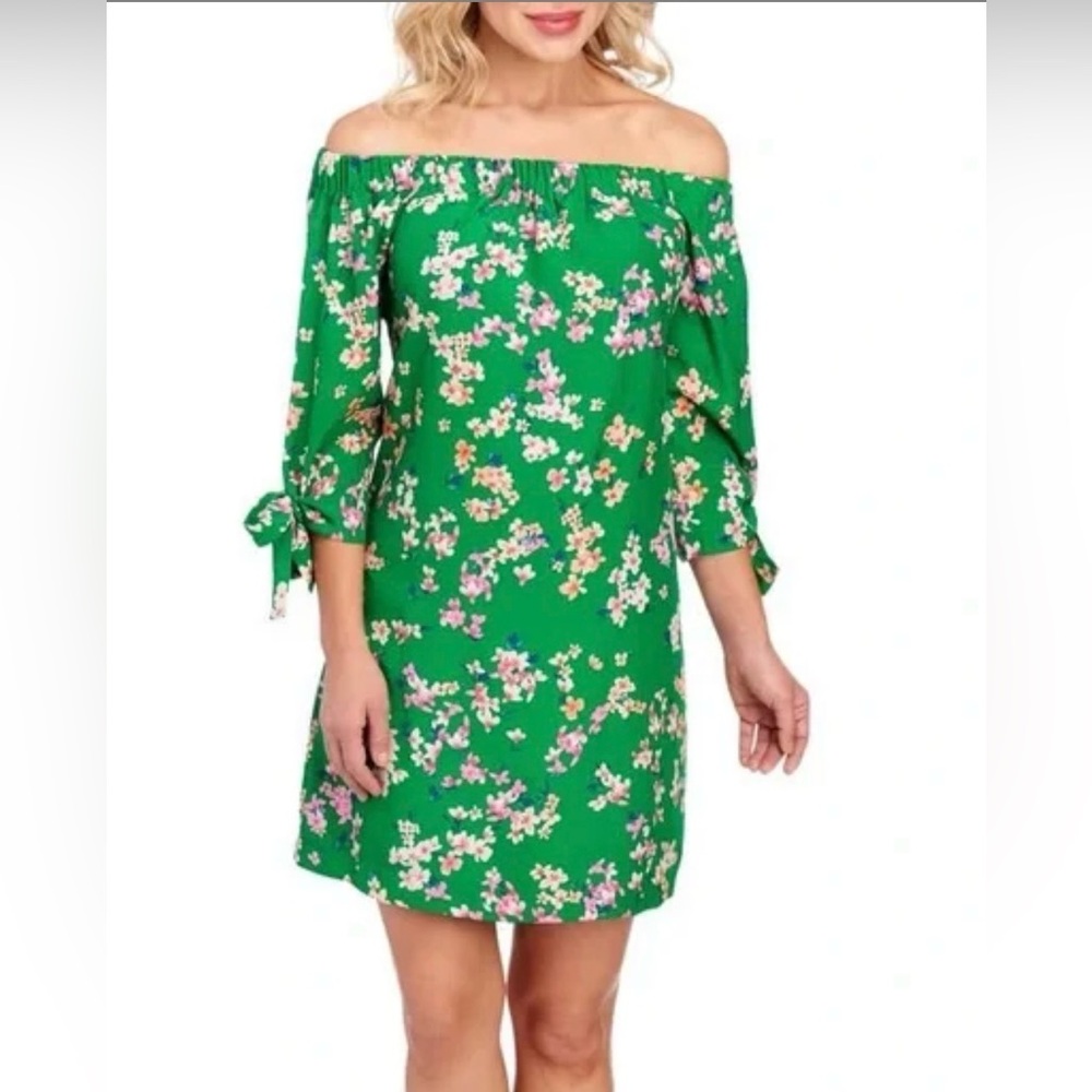 Vince Camuto Off Shoulder Green and Pink Cherry Blossom Dress - Size 6